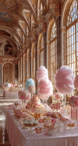 Elegant dessert display in ornate hall.  Soft pastel candies, cotton candy, and floral arrangements adorn a long table within a lavish, sunlit hall with arches and columns