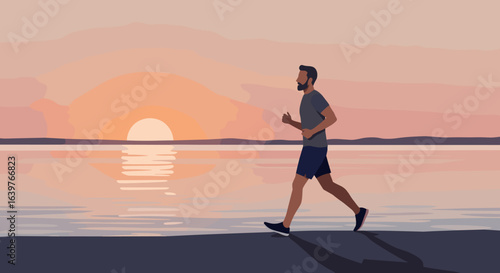 Running at sunset by the ocean digital art calm atmospheric environment side view healthy lifestyle concept. Vector illustration