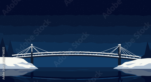 Nighttime bridge crossing over calm waters arctic landscape digital art tranquil environment aerial view serenity concept. Vector illustration