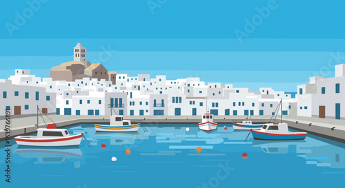 Fishing boats at a tranquil harbor coastal town digital art bright blue sky scenic view relaxation theme. Vector illustration
