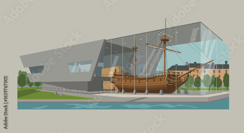 Historic ship exhibit in modern museum location unknown digital artwork contemporary environment aesthetic viewpoint. Vector illustration