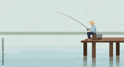Fishing action on a dock serene lake digital illustration tranquil environment side view leisure concept. Vector illustration