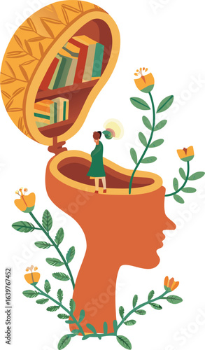 Open Head Silhouette Filled with Books and a Person Holding a Lightbulb knowledge learning