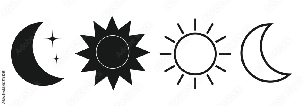 Fototapeta premium A set of six simple, black and white icons representing the day and night.