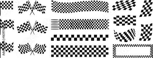 Racing stripes set, checkered patterns and flag, start and finish line, motocross labels, dynamic lines, motorsport, racing stripe speed, sport decals, automotive tuning stickers - vector