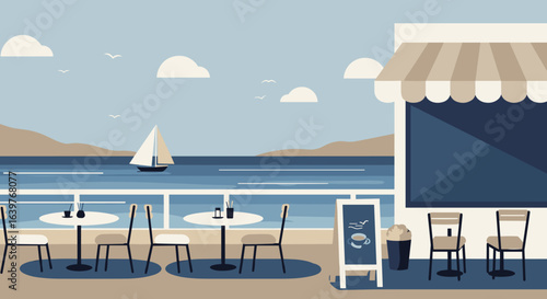 Relaxing seaside dining experience coastal restaurant scenic ocean view serene atmosphere for ultimate relaxation. Vector illustration