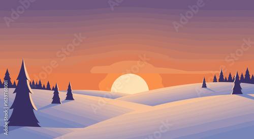 Winter sunrise over snowy landscape with pine trees peaceful nature scene digital illustration. Vector illustration