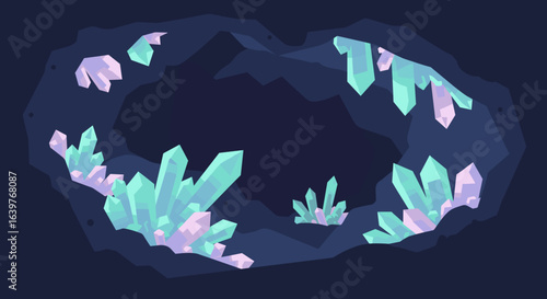 Glowing crystal cave exploration enchanted forest digital art fantasy aerial view magical environment. Vector illustration
