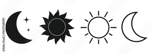 A set of six simple, black and white icons representing the day and night.