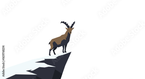 Majestic mountain goat standing on cliff edge rocky landscape wildlife photography high altitude inspirational view. Vector illustration