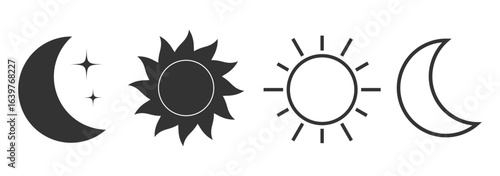 A set of six simple, black and white icons representing the day and night.