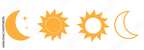 A set of six simple, black and white icons representing the day and night.
