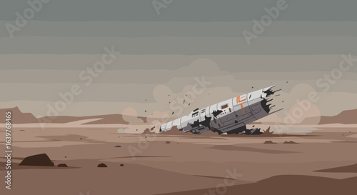 Spacecraft crash landing mars desert digital art sci-fi environment aerial view survival concept. Vector illustration