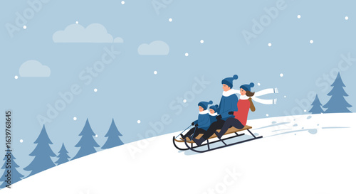 Family fun sledding adventure in snowy mountains illustrative winter scene joyful outdoor activity. Vector illustration