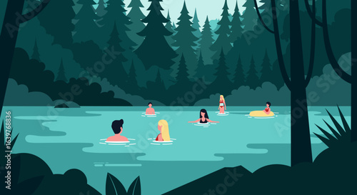 Relaxing swim experience in a tranquil forest lake outdoor adventure vibrant nature scene. Vector illustration