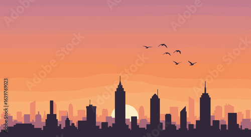 Sunset skyline view of new york city urban landscape digital art evening vibes minimalist perspective. Vector illustration