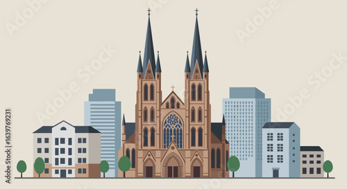 Gothic architecture church among modern skyscrapers urban cityscape digital illustration daytime contemporary contrast. Vector illustration