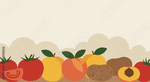 Fresh produce display colorful fruits and vegetables minimalist background digital illustration vibrant composition. Vector illustration