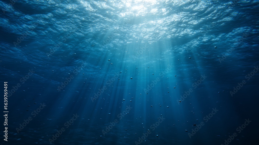 Fototapeta premium Sunlight streams through ocean waves, creating a mesmerizing play of light and shadow in deep blue waters.