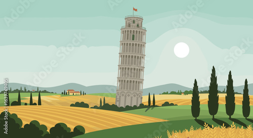 Leaning tower of pisa italy landmark icon countryside digital art serene atmosphere. Vector illustration