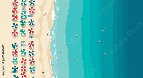 Relaxing beach day with umbrellas and clear water coastal paradise digital illustration aerial view summer vibes. Vector illustration