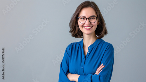 Portrait sourire jeune femme avec lunette bras croisés
