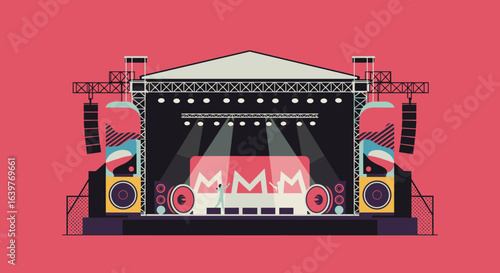 Exciting music festival performance outdoor stage digital art vibrant atmosphere wide angle view creative visuals. Vector illustration