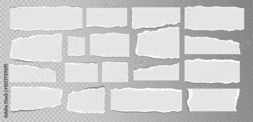 Realistic ripped white paper sheets isolated on transparent background. Torn blank pages with uneven texture. Vector
