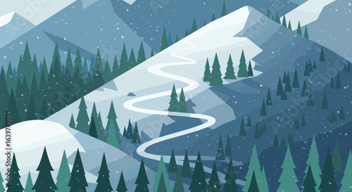 Snowy mountain hiking adventure winter landscape digital art serene environment aerial view nature exploration. Vector illustration