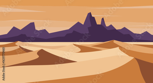 Sandy dunes and majestic mountains desert landscape digital art twilight environment elevated viewpoint. Vector illustration
