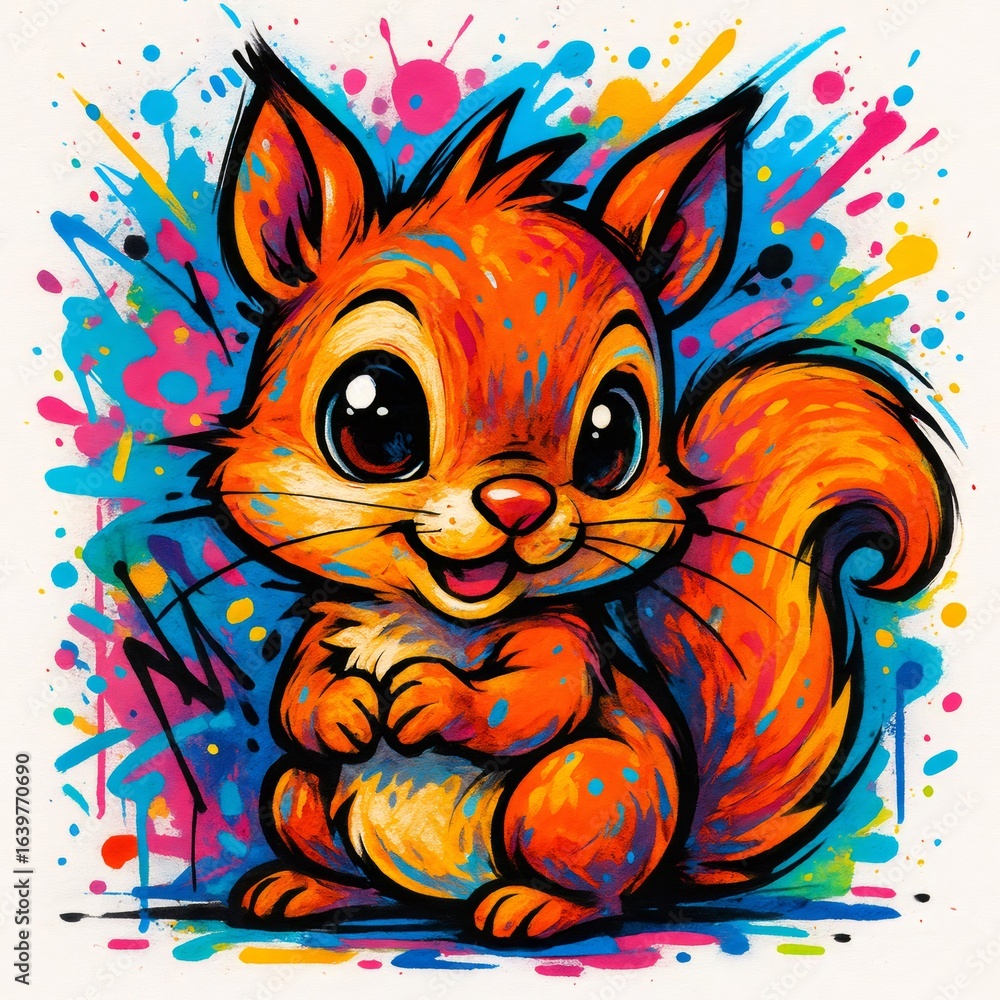 Obraz premium Adorable cartoon squirrel illustration in vibrant colorful paint splatter art style. Cute animal character for kids design.