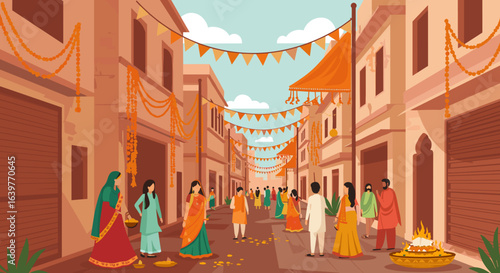Cultural festival celebration traditional market street digital illustration vibrant atmosphere community gathering. Vector illustration