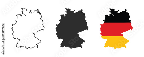 Germany map icon collection, Germany map sign vector set in outline, solid and nation flag style