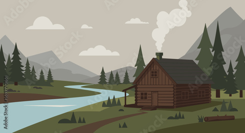 Peaceful cabin relaxation in nature mountain landscape digital art tranquil environment serene viewpoint. Vector illustration