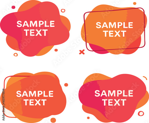Four modern text frame shapes with editable strokes and sample text in red and orange tones