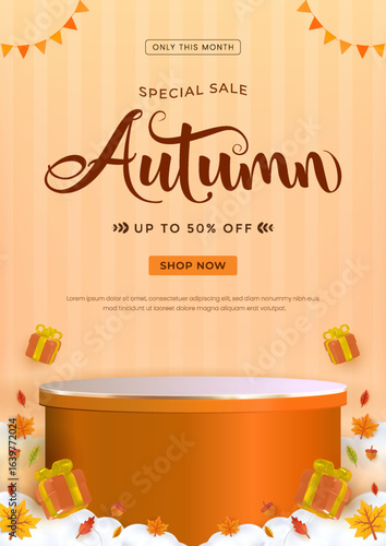 Poster Autumn Promotional Sale Banner With Festive Gift Boxes and Decorations