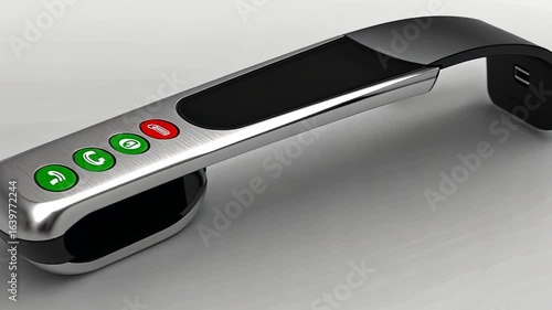 Closeup of modern Bluetooth headset with illuminated buttons resting on sleek surface