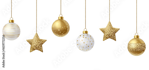 Christmas balls hanging with a string, Christmas shiny baubles ornaments on transparent background, cutout