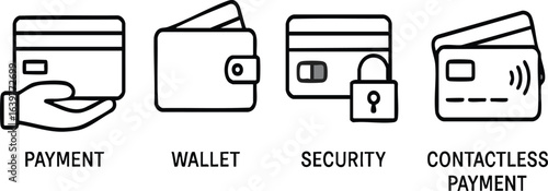 A set of four line icons depicting payment methods including card wallet security and contactless payment