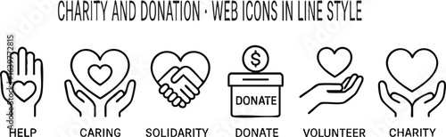 A set of charity and donation icons including help caring solidarity donate volunteer and charity