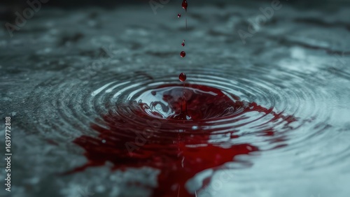 Red liquid droplet impacting water