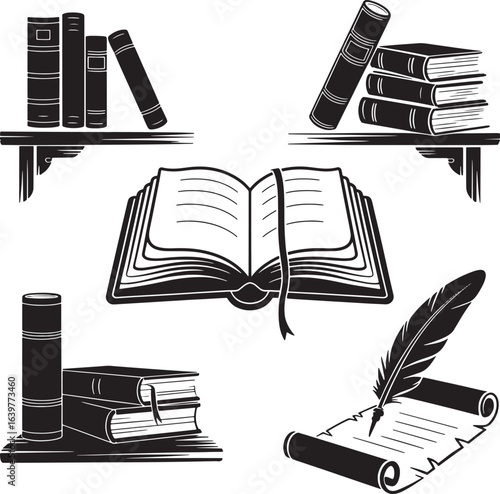 Collection of Book and Quill Silhouettes on Transparent Background for Education
