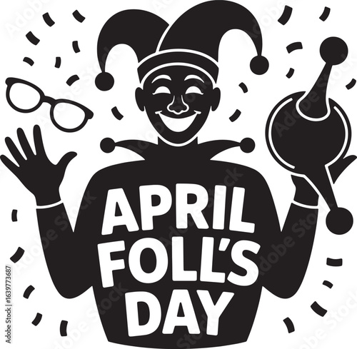 April Fool's Day Jester with Joke Props and Confetti on Transparent Background Vector