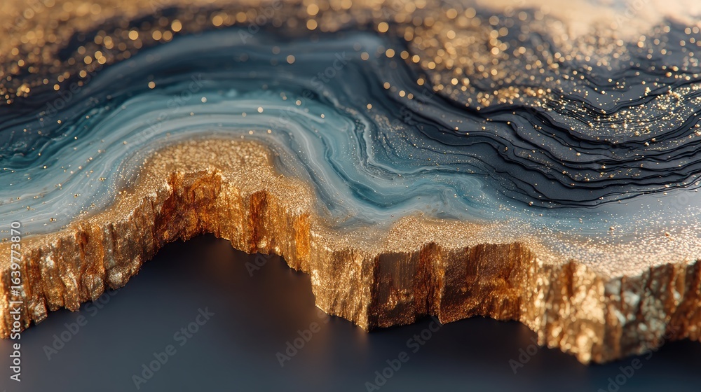 Obraz premium Luxurious Golden and Blue Fluid Abstract on Black Background