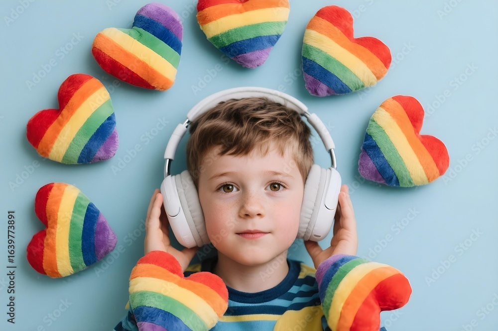 Obraz premium Autistic child boy with blue noise cancelling headphone surrounded by rainbow heart pillows for autism awareness month promoting neurodiversity empathy and inclusion