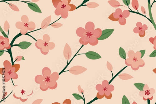 Seamless vintage floral pattern with pink blossoms and green leaves