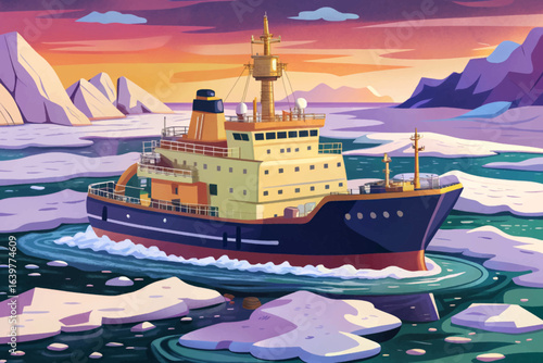 Icebreaker ship navigating frozen polar seas, breaking thick ice sheet cartoon wallpaper