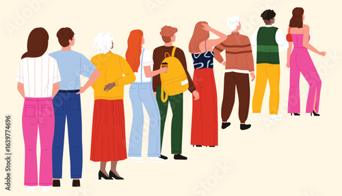 Group of diverse adults waiting in line for service, concept of patience, order, and social interaction, useful for business, event, or public space themes vector illustration