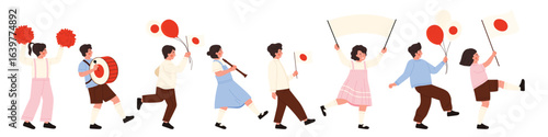 Children marching with Japanese flags and balloons in festive parade for Emperor's Birthday, national holiday, cultural celebration, white background, isolated vector illustration