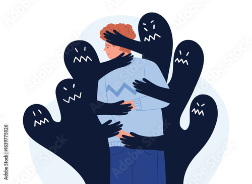 A man is encircled by dark, menacing shadows symbolizing fear and anxiety. The isolated figure conveys themes of depression and emotional struggle vector illustration